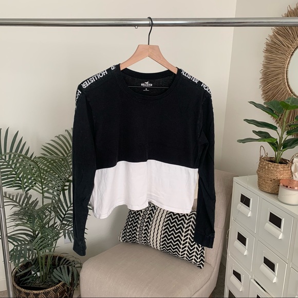 🪴$5/25🪴 Hollister Colorblock Black White Cropped Long Sleeve Shirt Top Medium - Picture 5 of 14